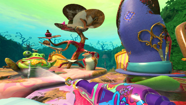 A closeup of items on a mucky table, including a porcelain frog, a top hat with ornate scissors tucked into a ribbon above the brim and a cake stand made from a branch. A power washer in the foreground is blasting dirt from the frog.